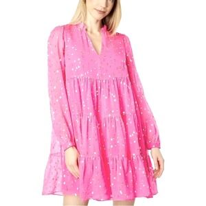 Lilly Pulitzer Sarita Silk Chiffon Dress Hot Pink Gold Metallic Polka Dot Size 4